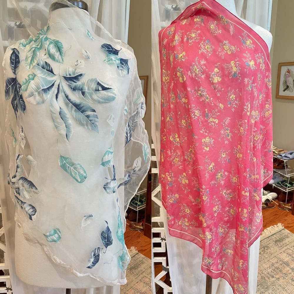Set of 2 Vintage neck Floral Sheer scarves minor damage pictured